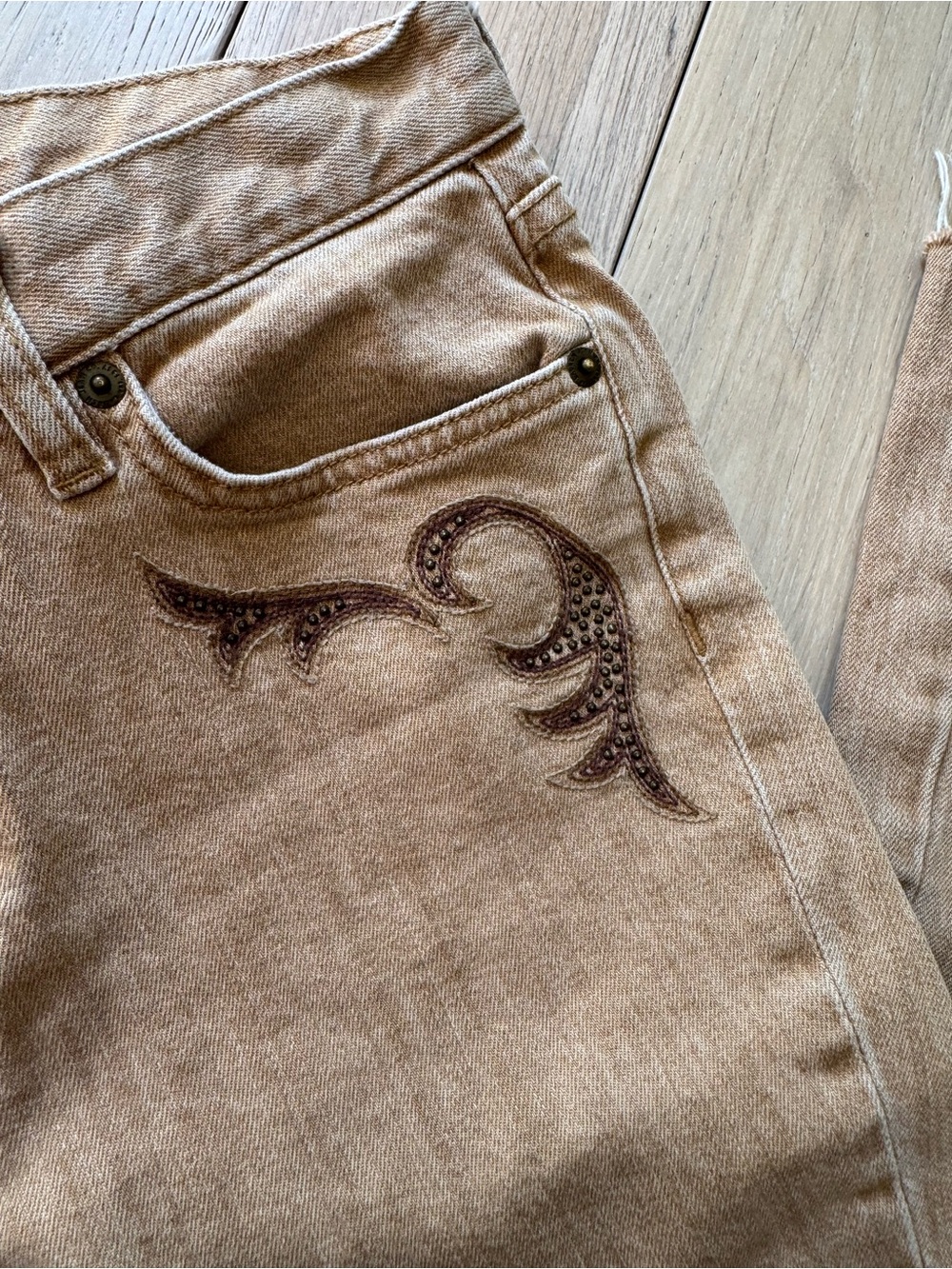 Women’s Tan Embroidered Jeans - Stylish Casual Fit - Picture 2 of 10